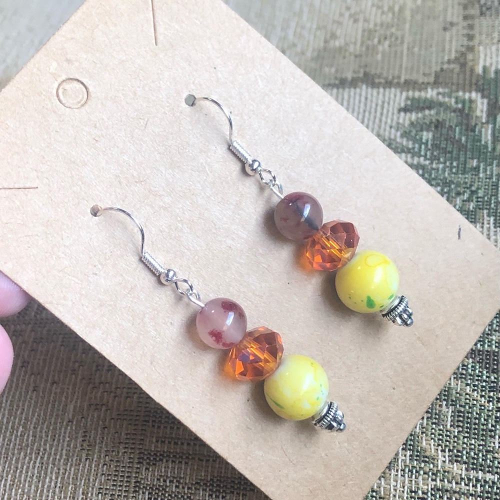Handcrafted art glass crystal dyed agate dangle earrings